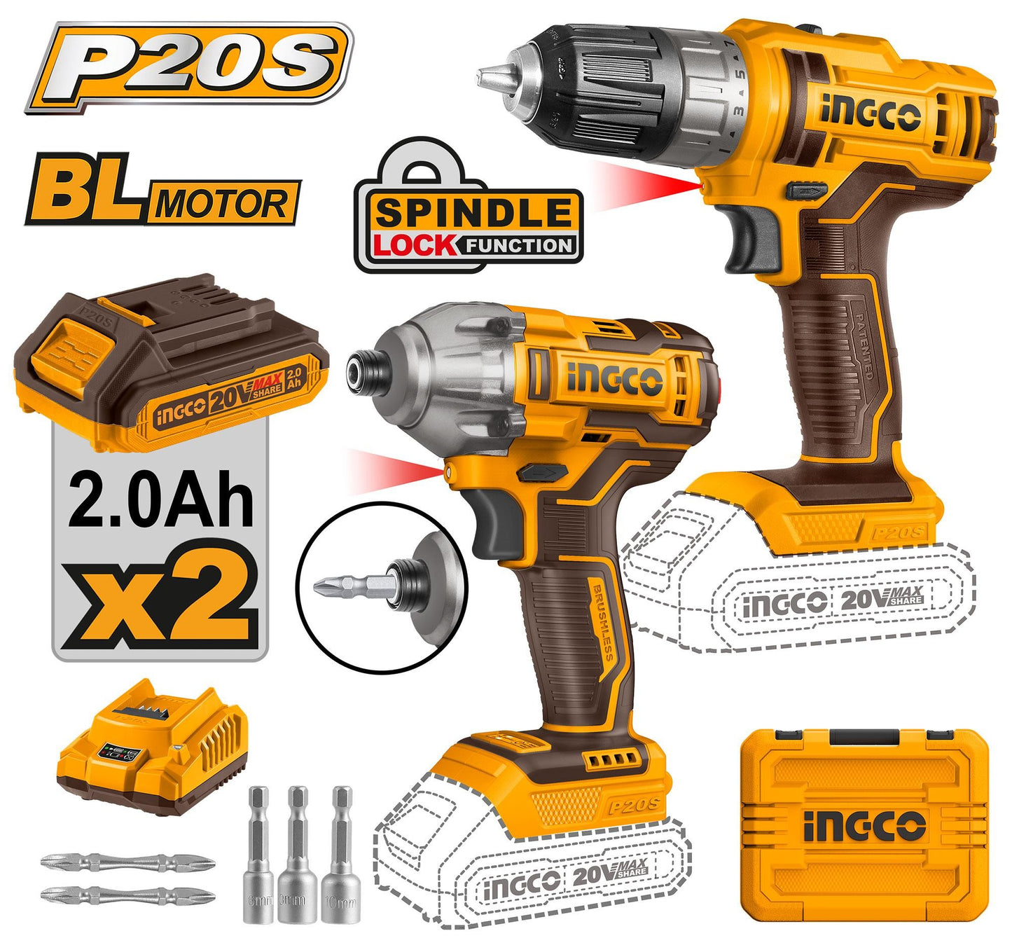 INGCO KIT COMBO PACK PERCEUSE/VISSEUSE A CHOC 20V COSLI230708