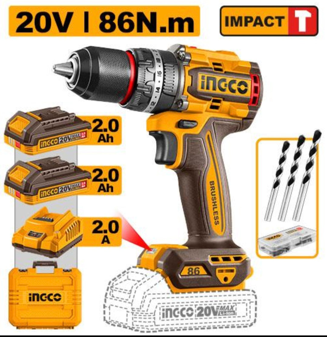 Perceuse-visseuse à percussion Brushless 20V 86Nm INGCO – CIDLI208687 – INGCO Maroc