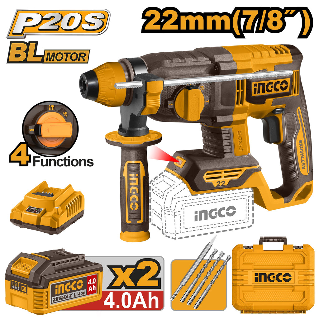 Marteau perforateur SDS Plus Brushless 20V 22 mm + 2 batteries 4Ah INGCO – CRHLI212282 – INGCO Maroc
