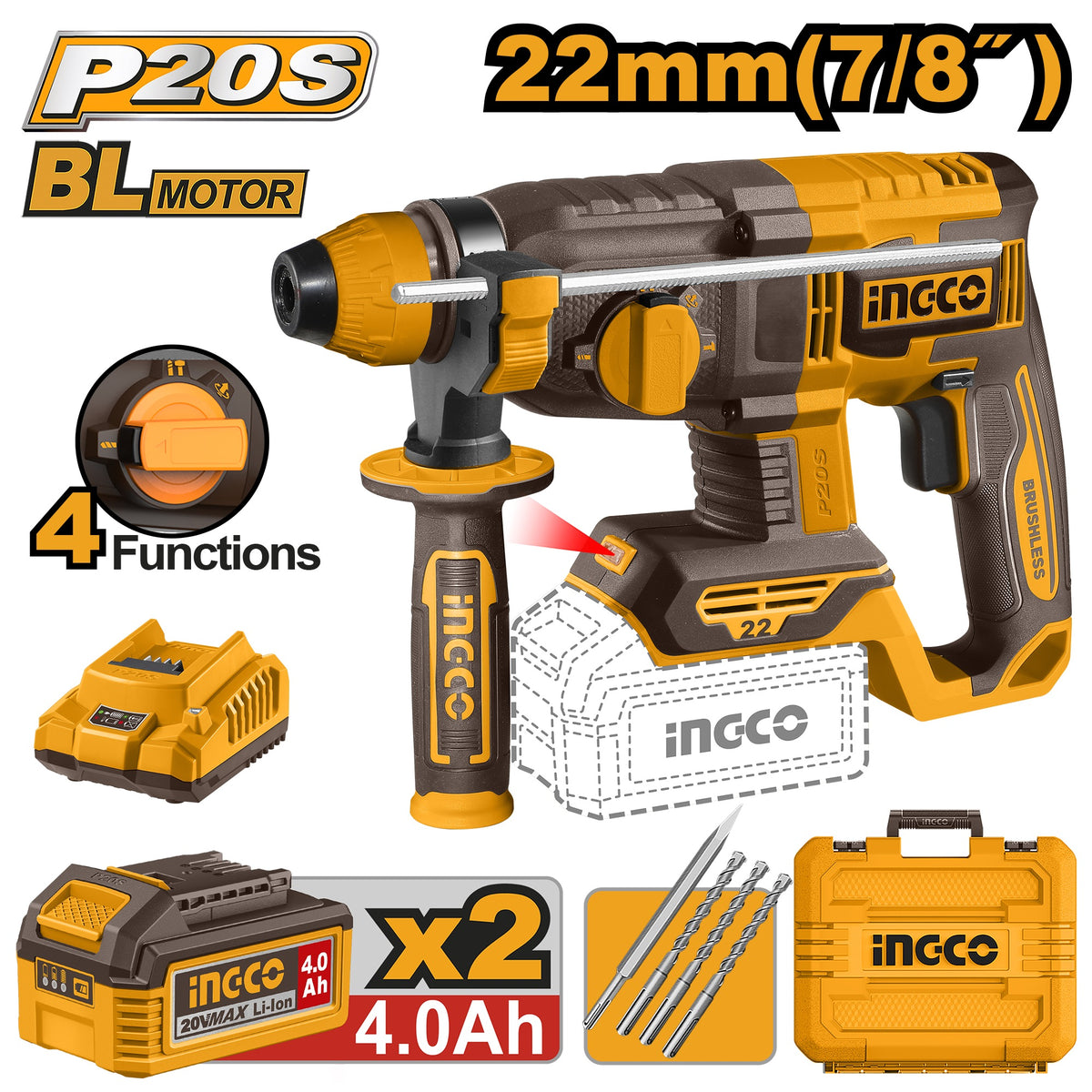 Marteau perforateur SDS Plus Brushless 20V 22 mm + 2 batteries 4Ah INGCO – CRHLI212282 – INGCO Maroc