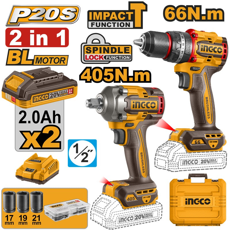 INGCO PACK 2 MACHINES VISSEUSE BRUSHLESS 66NM + BOULONNEUSE 405NM [CKLI20286]
