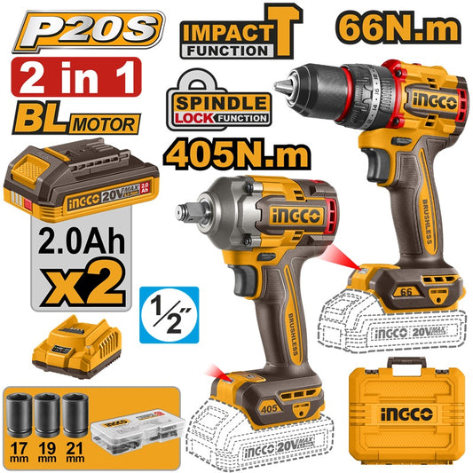 INGCO PACK 2 MACHINES VISSEUSE BRUSHLESS 66NM + BOULONNEUSE 405NM [CKLI20286]