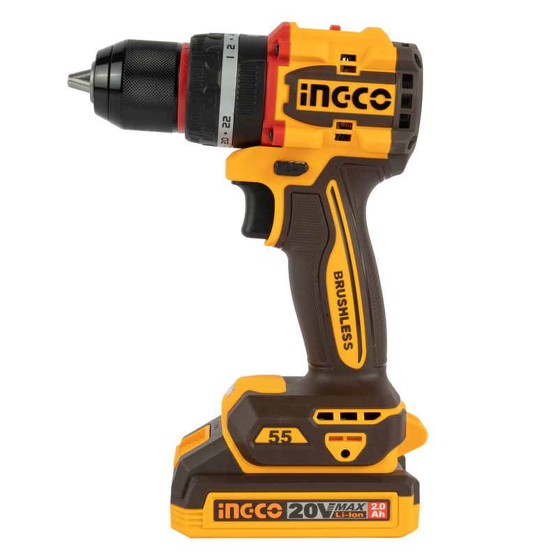 Perceuse-visseuse à percussion Brushless 20V 55Nm + 2 batteries + 47 accessoires INGCO – CIDLI20558 – INGCO Maroc – vue 6