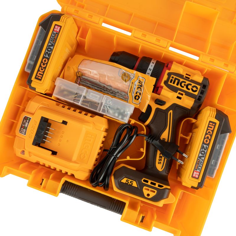 Perceuse-visseuse à percussion Brushless 20V 55Nm + 2 batteries + 47 accessoires INGCO – CIDLI20558 – INGCO Maroc – vue 4