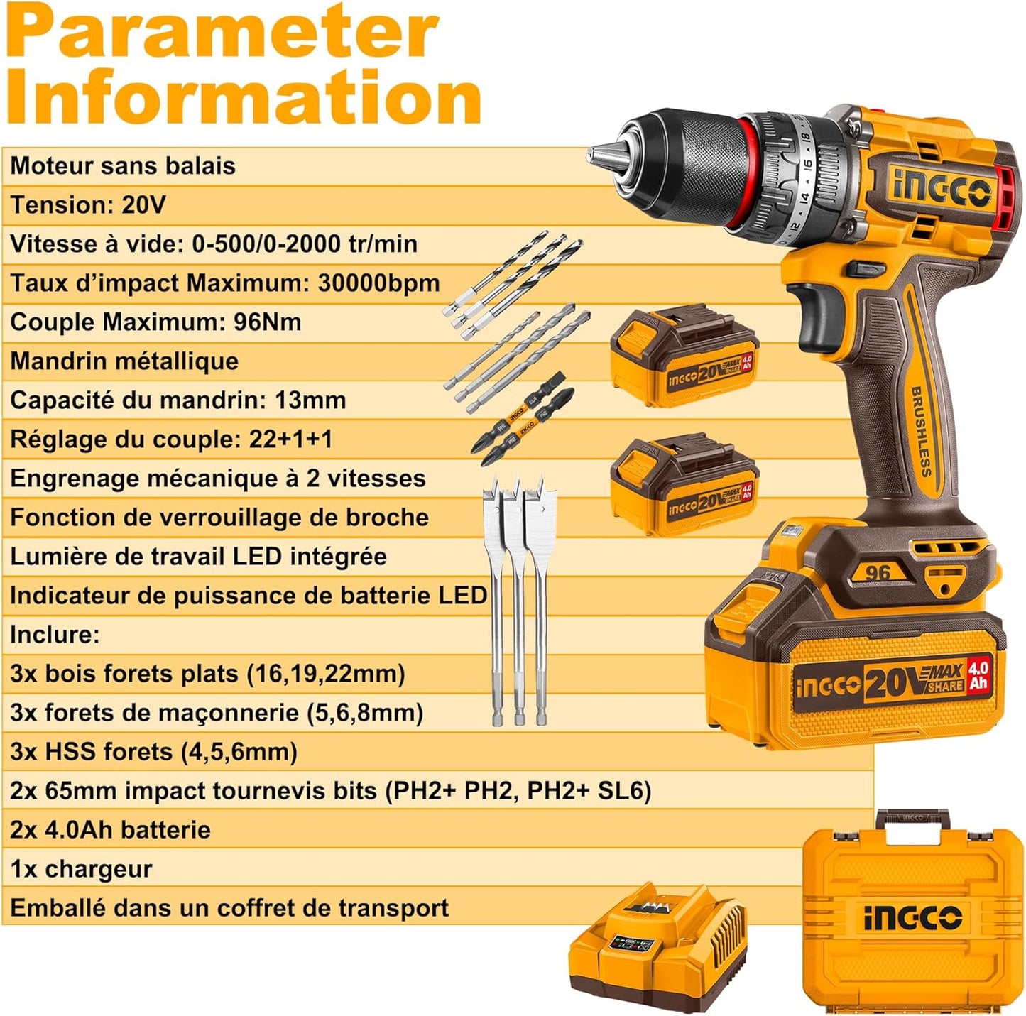 INGCO PERCEUSE-VISSEUSE BRUSHLESS 96NM BALAIS [CIDLI20968]