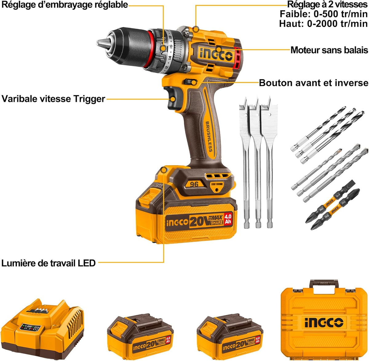 Perceuse-visseuse à percussion Brushless 20V 96Nm INGCO – CIDLI20968 – INGCO Maroc – vue 3