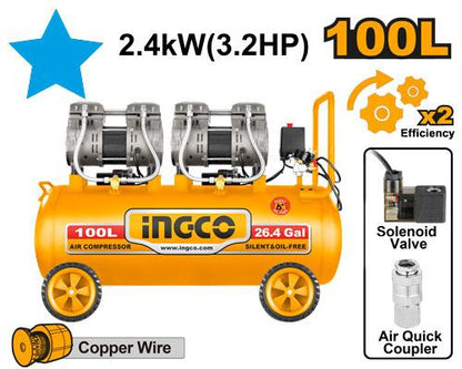 INGCO COMPRESSEUR SILENCIEUX 100L 2x200W 3.2HP [ACS2241001]