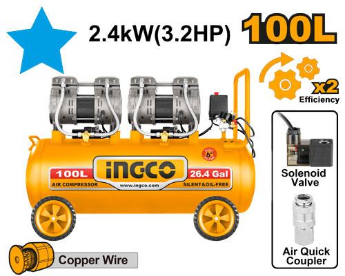 INGCO COMPRESSEUR SILENCIEUX 100L 2x200W 3.2HP [ACS2241001]