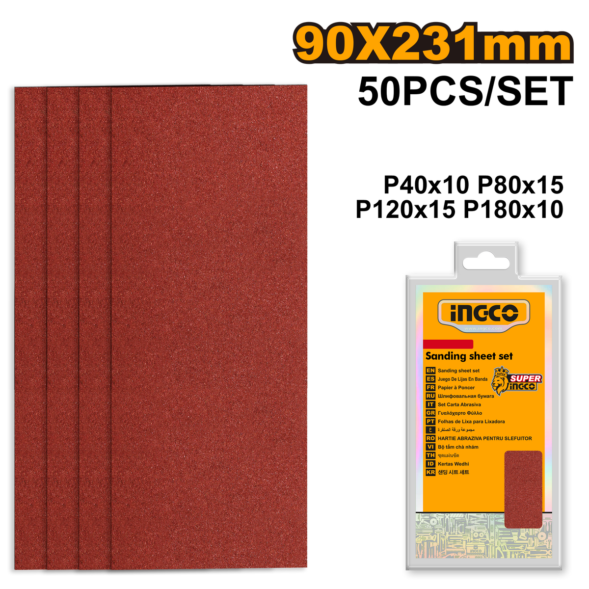 INGCO JEU FEUILLES ABRASIVES PONCAGE 50PCS 90*231MM NR [AKFS2401012] – INGCO Maroc