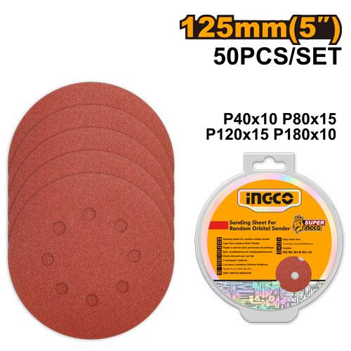 INGCO JEU DES FEUILLES ABRASIVES PONCEUSE ORBITALE 50PCS 125MM [AKRS1250511]