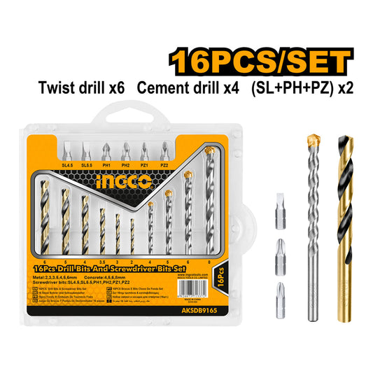 INGCO SET DE FORETS ET EMBOUTS 16 PIECES [AKSDB9165]