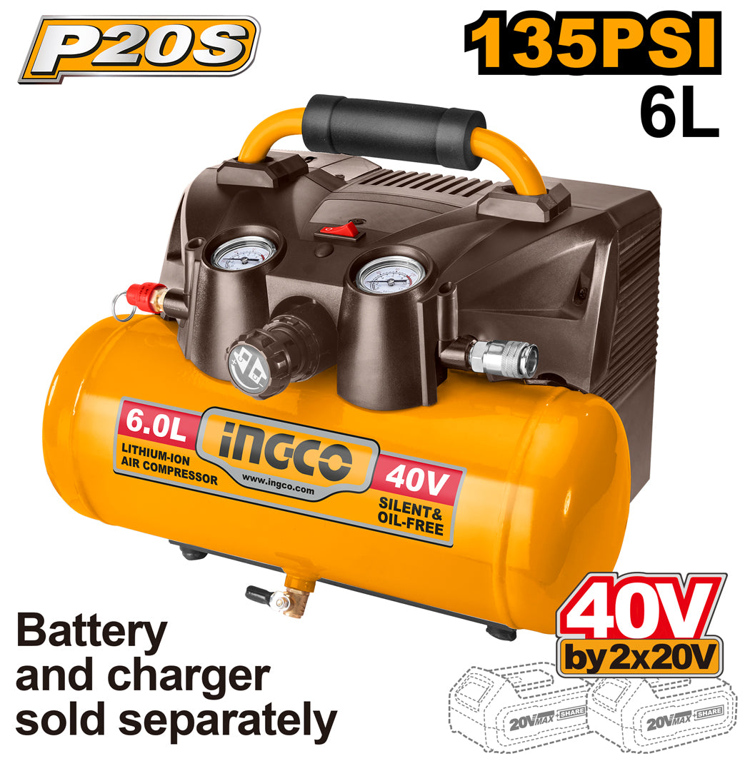 INGCO COMPRESSEUR SANS FIL 20V 6L BATTERIE ET CHARGEUR NON INCLUS [CACLI2003] – INGCO Maroc