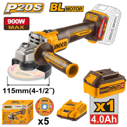 INGCO MALETTE MEULEUSE 115MM 20V + 1BATT 4AH + 5DISQUES [CAGLI261521]