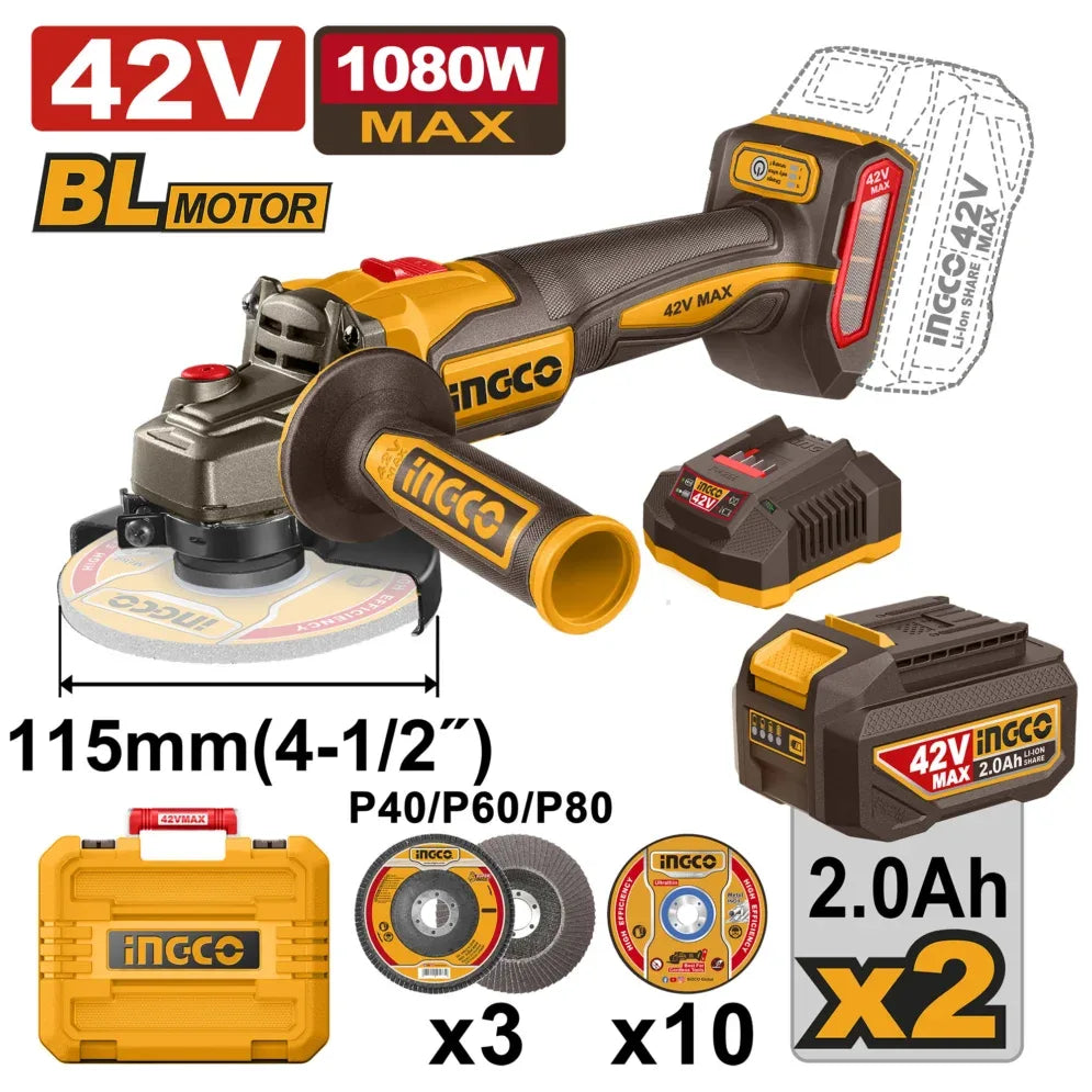 INGCO MEULEUSE D'ANGLE SANS FIL 42V + 2 BATTERIES [CAGLI4108112] – INGCO Maroc