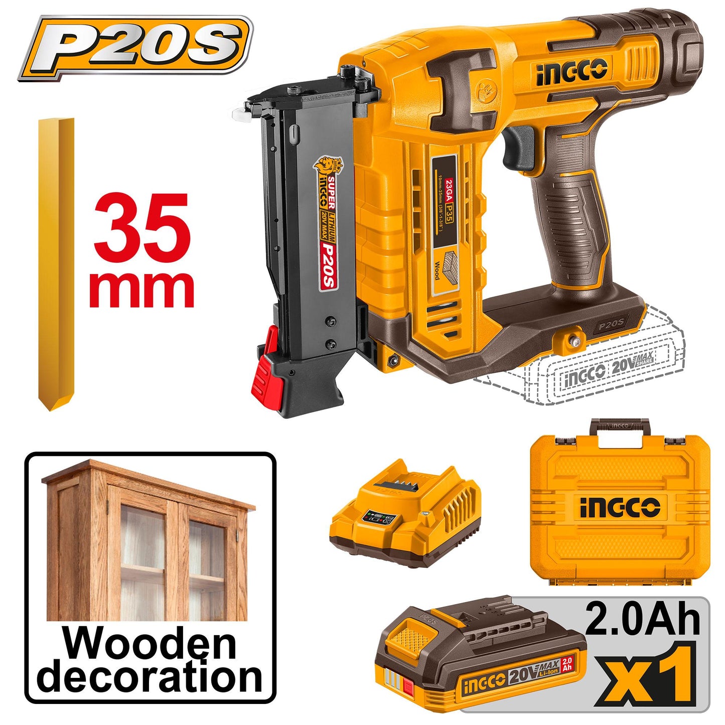 INGCO CLOUEUSE 20V +1 BATTERIE & CHARGEUR INGCO 25MM [CBNLI3606]