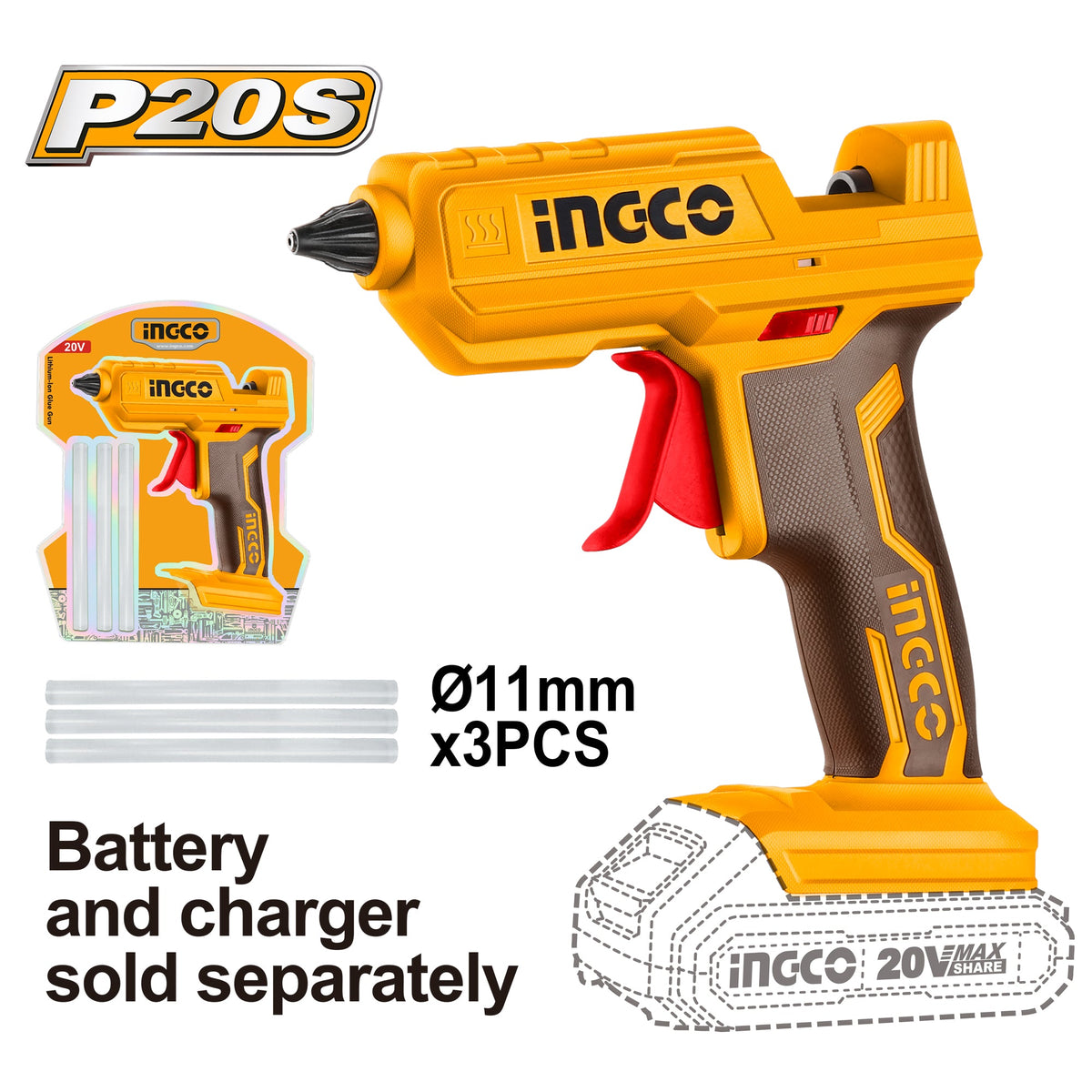 INGCO PISTOLET A COLLE 20V (SANS BATTERIE/SANS CHARGEUR) + 3 BÂTONS [CGGLI2001] – INGCO Maroc