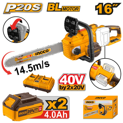 INGCO TRONÇONNEUSE À CHAÎNE 20V 2BAT 4AH 16" 400MM [CGSLI401682]