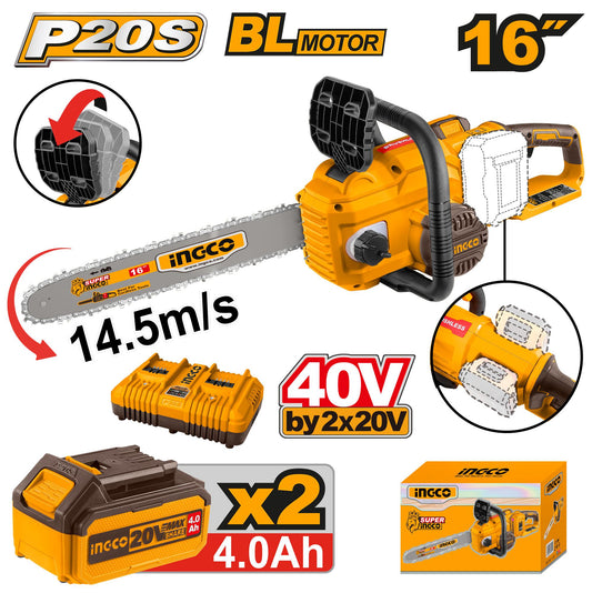 INGCO TRONÇONNEUSE À CHAÎNE 20V 2BAT 4AH 16" 400MM [CGSLI401682]