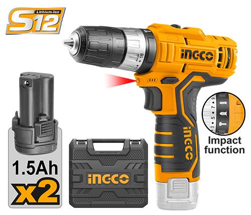 Perceuse-visseuse à percussion 12V + 2 batteries 1,5Ah en mallette INGCO – CIDLI1232 – INGCO Maroc
