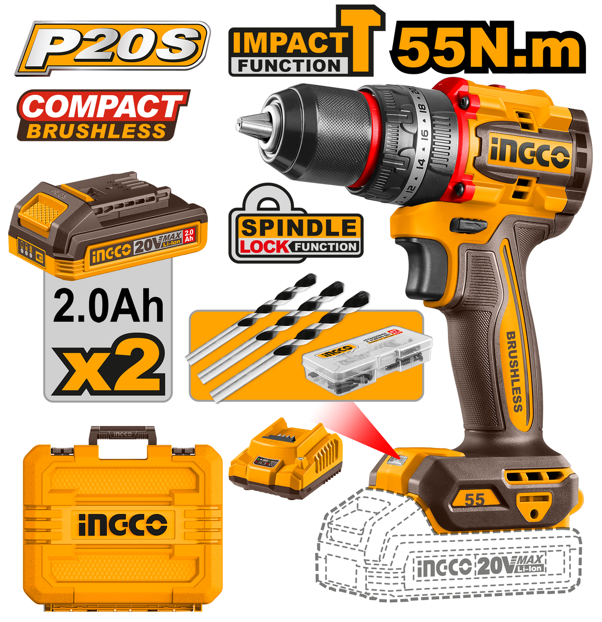 Perceuse-visseuse à percussion Brushless 20V 55Nm + 2 batteries + 47 accessoires INGCO – CIDLI20558 – INGCO Maroc