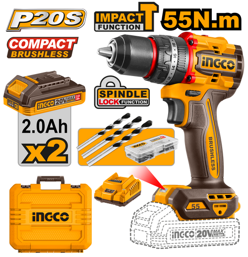 INGCO PERCEUSE VISSEUSE BRUSHLESS 20V+47 ACC 55NM-[CIDLI20558]