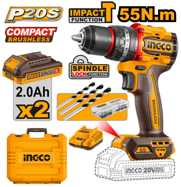 Perceuse-visseuse à percussion Brushless 20V 55Nm + 2 batteries + 47 accessoires INGCO – CIDLI20558 – INGCO Maroc