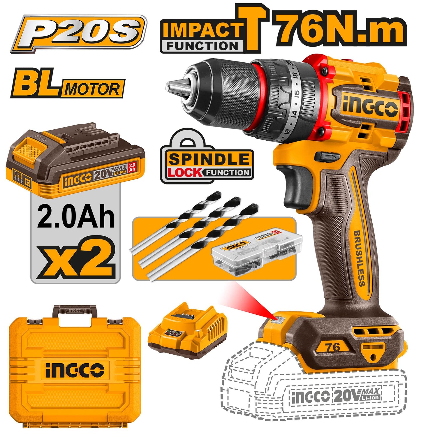 INGCO PERCEUSE VISSEUSE 20V 76NM 2 BATT BRUSHLESS [CIDLI20768]