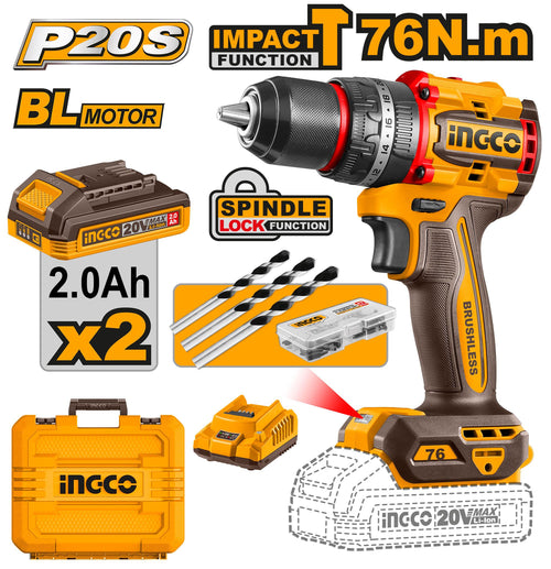 INGCO PERCEUSE VISSEUSE 20V 76NM 2 BATT BRUSHLESS [CIDLI20768]