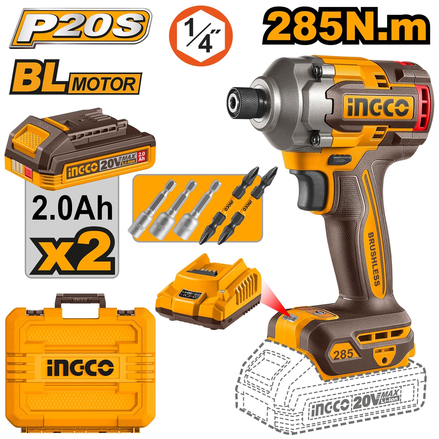 INGCO VISSEUSE A CHOC 20V 285N.M BRUSHLESS [CIRLI2028]