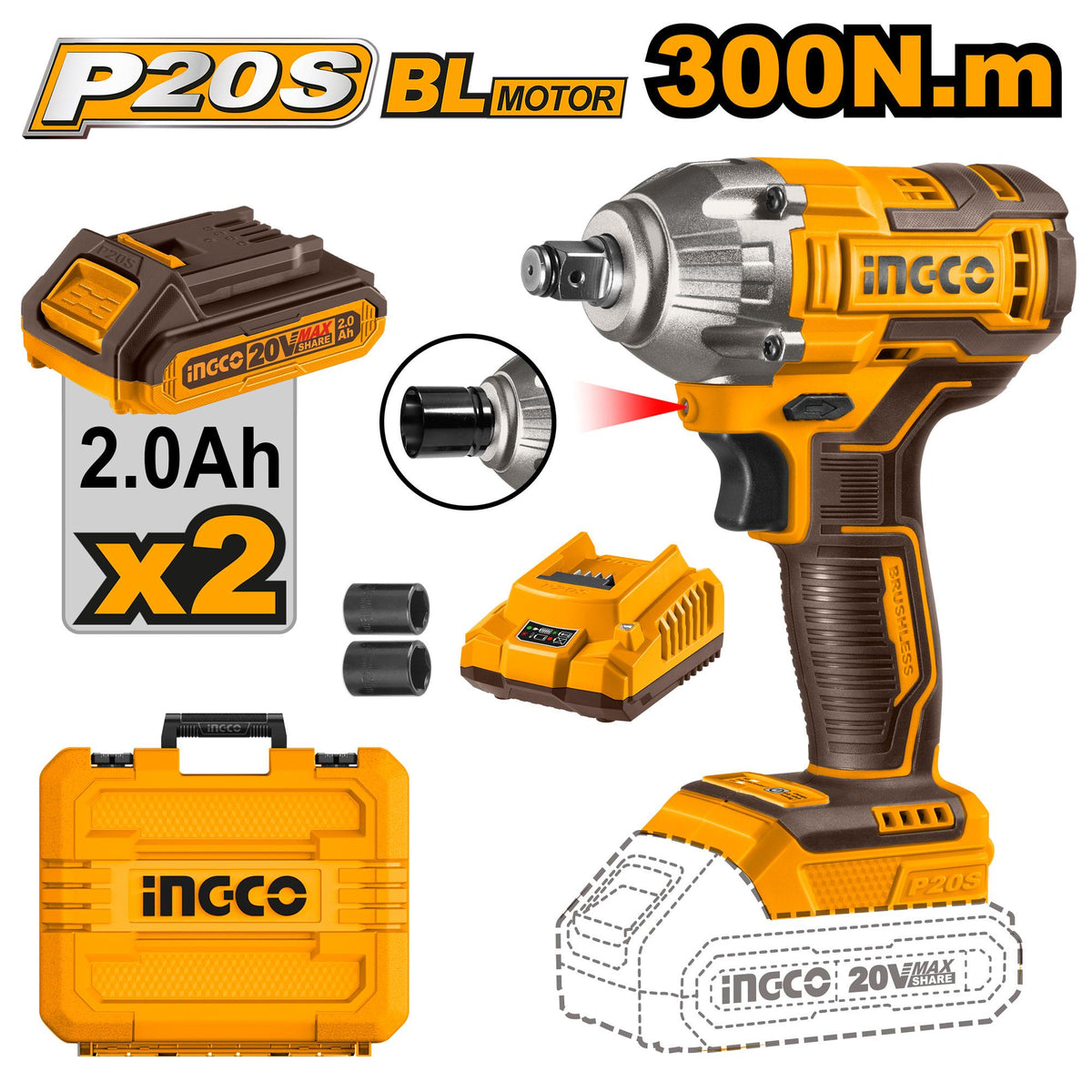 INGCO BOULONNEUSE A CHOC 300NM SANS CHARBON 20V + 2 BATTERIES [CIWLI2038] – INGCO Maroc