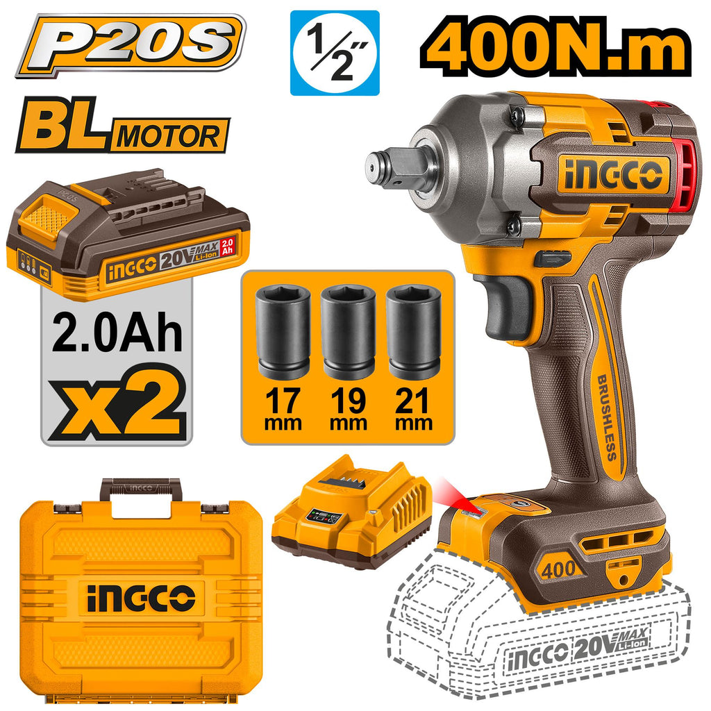 INGCO BOULONNEUSE A CHOC 400NM BRUSHLESS 20V+2BAT 2.0 [CIWLI2040] – INGCO Maroc