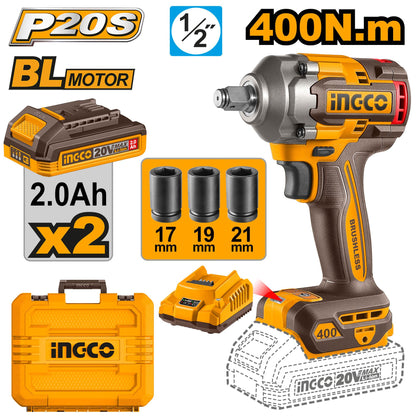INGCO BOULONNEUSE A CHOC 400NM SANS CHARBON 20V+2BAT 2.0 [CIWLI2040]