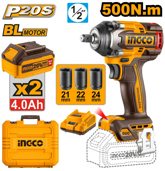 INGCO BOULONNEUSE A CHOC 500NM SANS CHARBON 20V+2BAT SI [CIWLI2050]