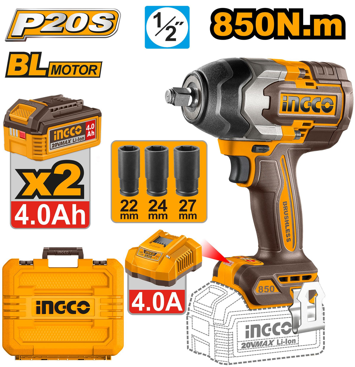 INGCO BOULONNEUSE A CHOC 850NM BRUSHLESS 20V+2BAT [CIWLI2085] – INGCO Maroc