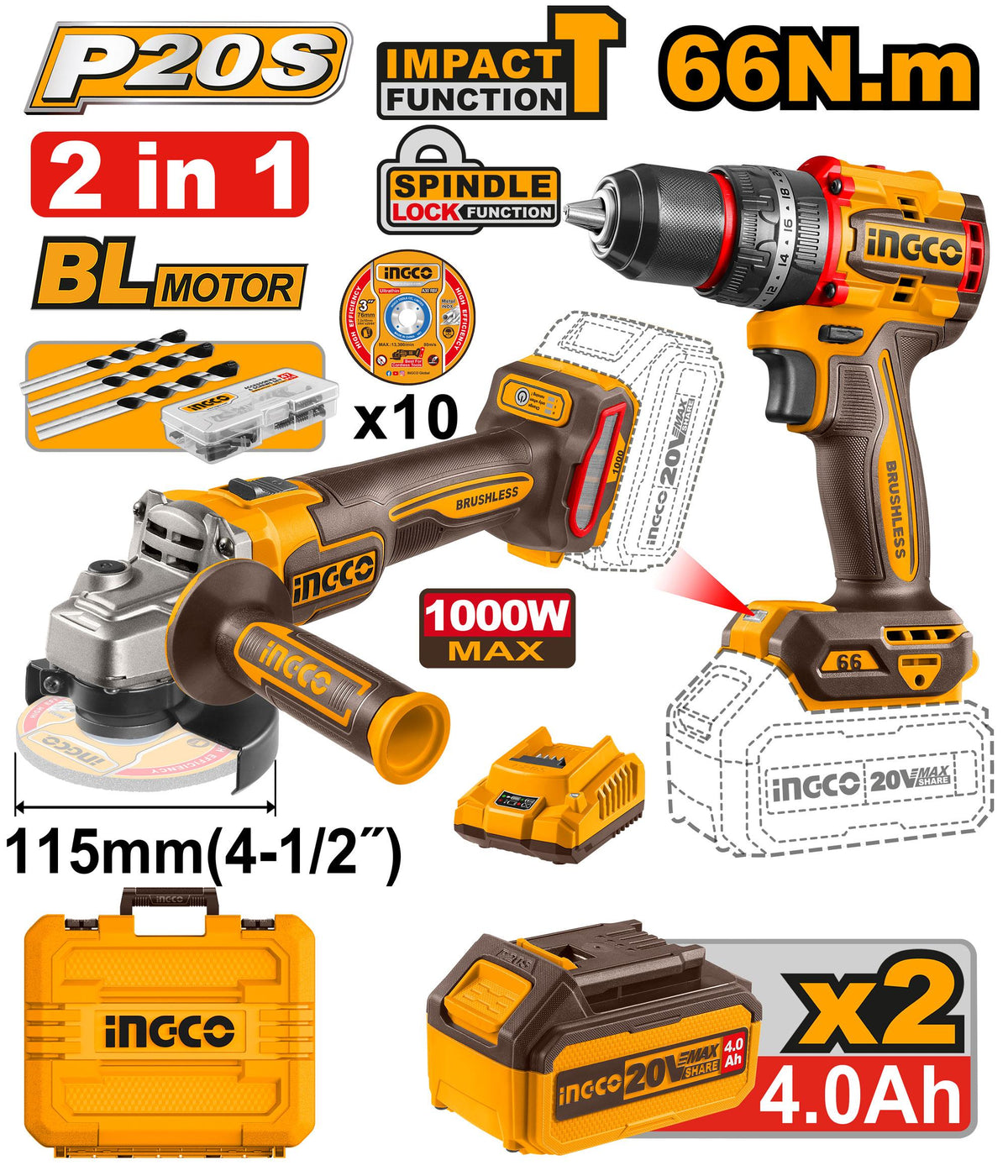 INGCO PACK 2 MACHINES MEULEUSE + VISSEUSE 66NM 20V 2x4AH [CKLI20273] – INGCO Maroc