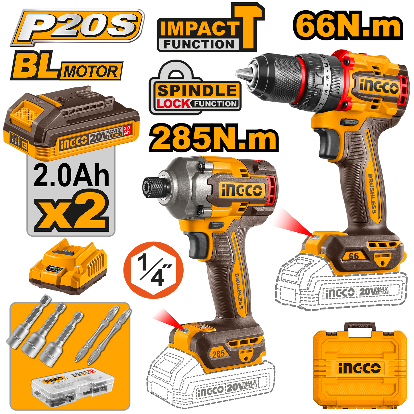 طقم كومبو P20S/20V مكون من قطعتين مع مثقاب صدمات مدمج بدون فرشاة يعمل ببطارية ليثيوم أيون CKLI20277