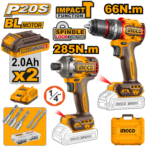 طقم كومبو P20S/20V مكون من قطعتين مع مثقاب صدمات مدمج بدون فرشاة يعمل ببطارية ليثيوم أيون CKLI20277