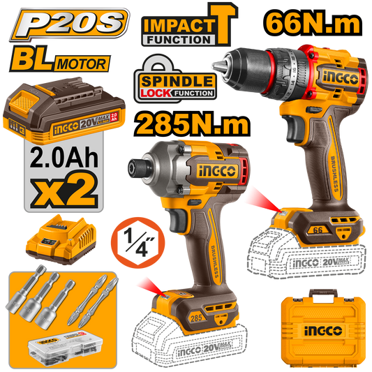 P20S/20V 2PCS Combo Kit avec perceuse à percussion compacte sans balais au lithium-ion CKLI20277