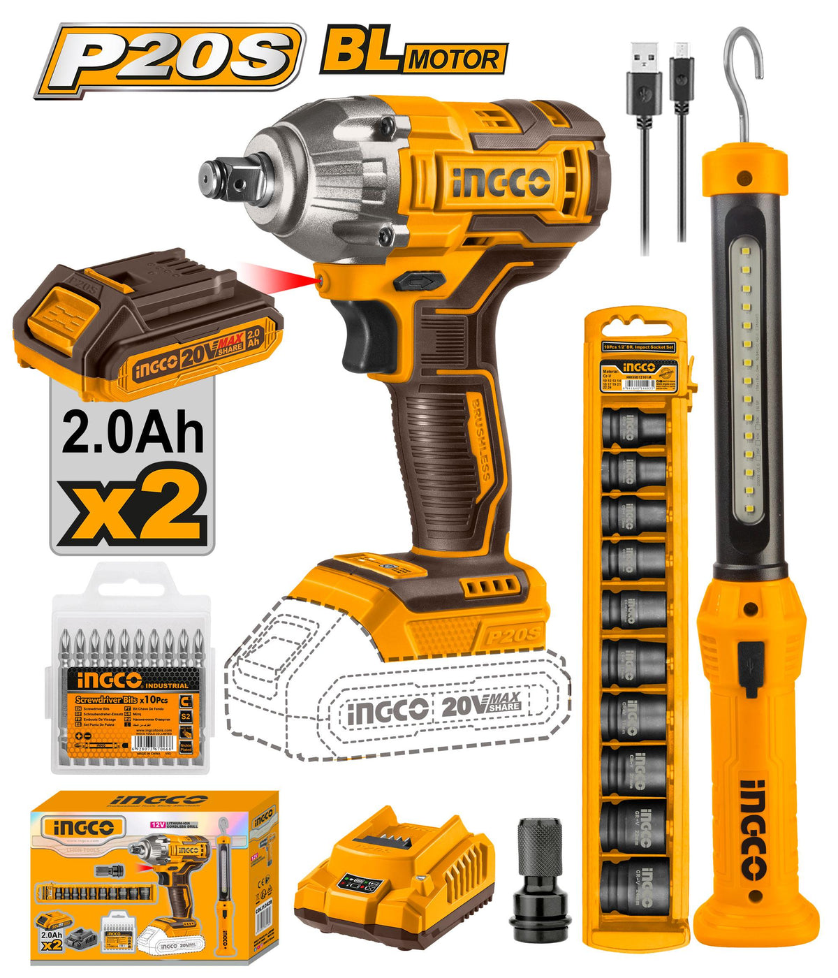 INGCO PACK BOULONNEUSE A CHOC 300NM SANS CHARBONS 20V [COSLI23011] – INGCO Maroc