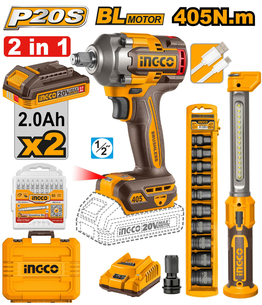 INGCO PACK COMBO BOULONNEUSE 405NM + DOUILLES + LAMPE DE TRAVAIL [COSLI23056] – INGCO Maroc