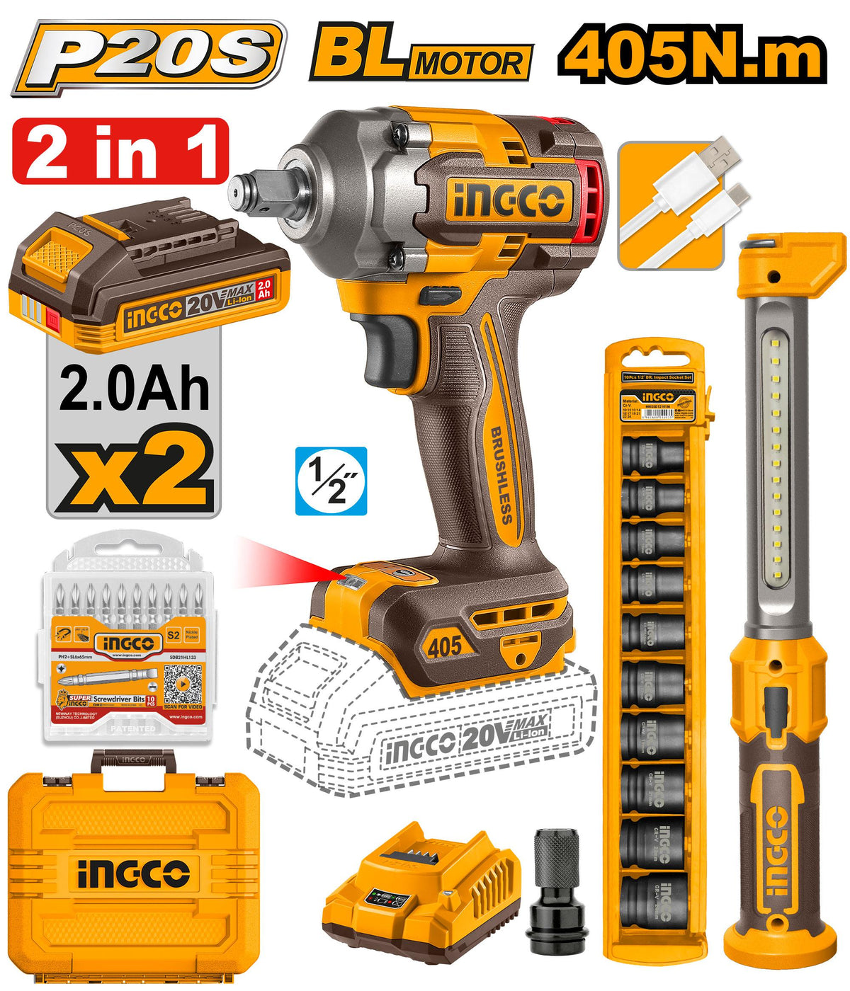 INGCO PACK COMBO BOULONNEUSE 405NM + DOUILLES + LAMPE DE TRAVAIL [COSLI23056] – INGCO Maroc