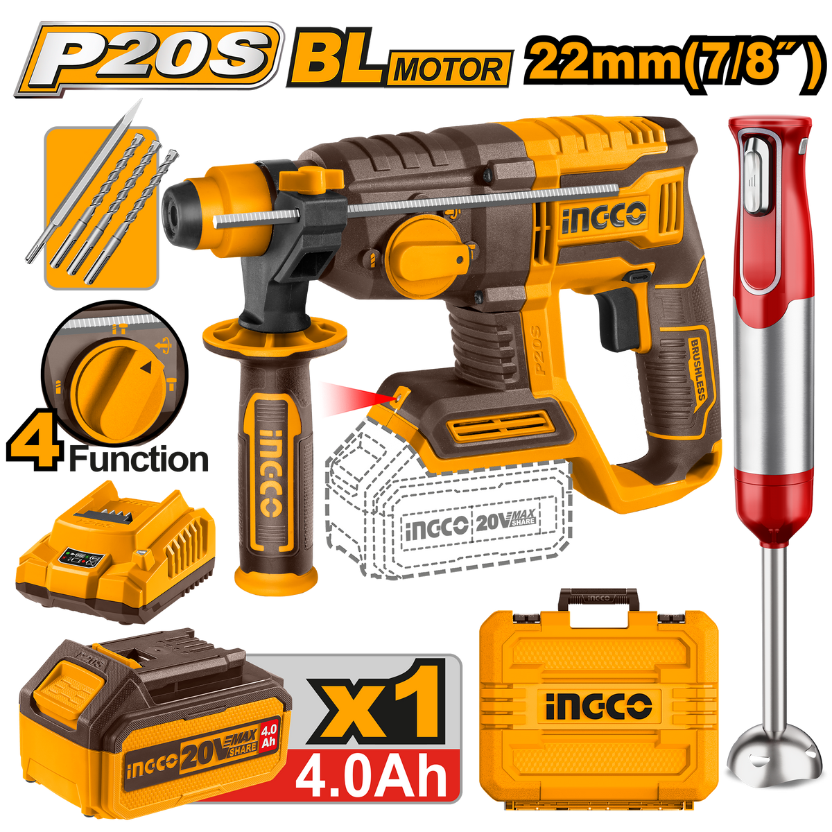INGCO PACK MARTEAU PERFORATEUR 22MM 20V + MALAXEUR [COSLI240208] – INGCO Maroc