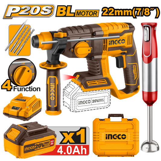 INGCO PACK MARTEAU PERFORATEUR 22MM 20V/MIXEUR PLONGEANT [COSLI240208]