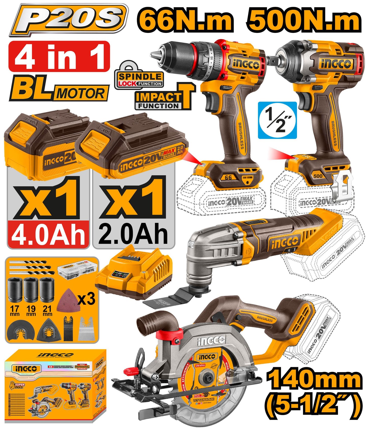 INGCO PACK DE 4 MACHINES PERCEUSE+SCIE CIRCULAIRE+BOULONNEUSE+MULTIFONCTION [COSLI241169]