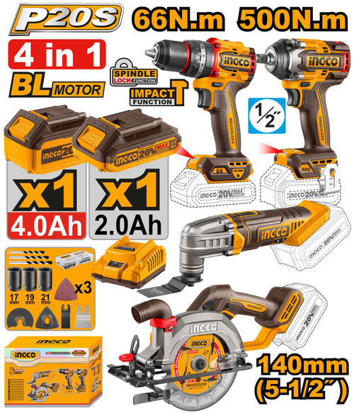 INGCO PACK DE 4 MACHINES PERCEUSE+SCIE CIRCULAIRE+BOULONNEUSE+MULTIFONCTION [COSLI241169]