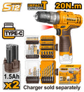 Kit perceuse-visseuse à percussion 12V + 2 batteries 1,5Ah + forets et embouts INGCO – COSLI241197 – INGCO Maroc