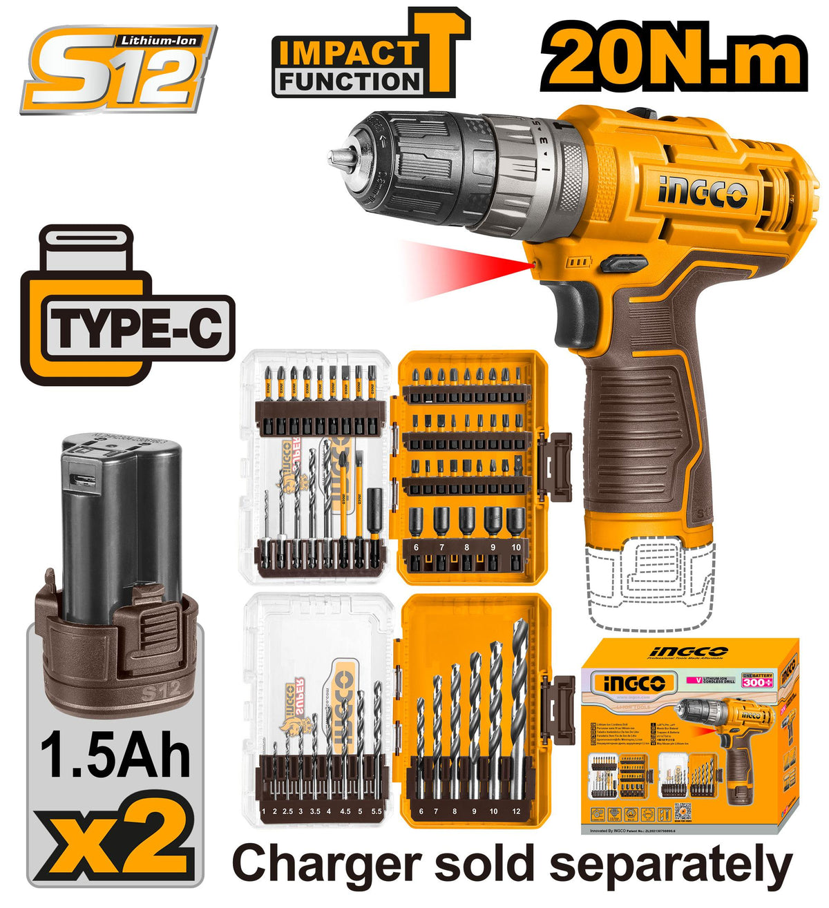 Kit perceuse-visseuse à percussion 12V + 2 batteries 1,5Ah + forets et embouts INGCO – COSLI241197 – INGCO Maroc