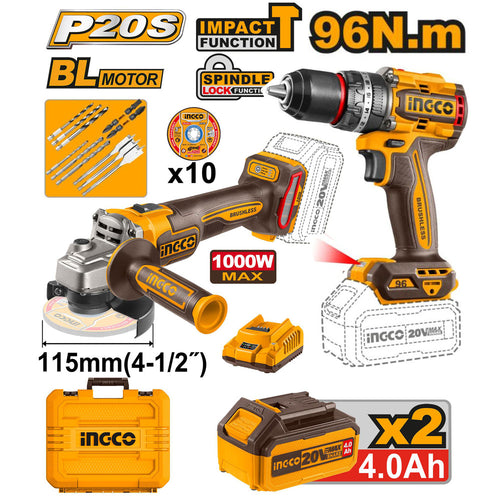 INGCO PACK 2 MACHINE MEULEUSE VISSEUSE 20V + 10 ACCESSOIRES [COSLI241298]