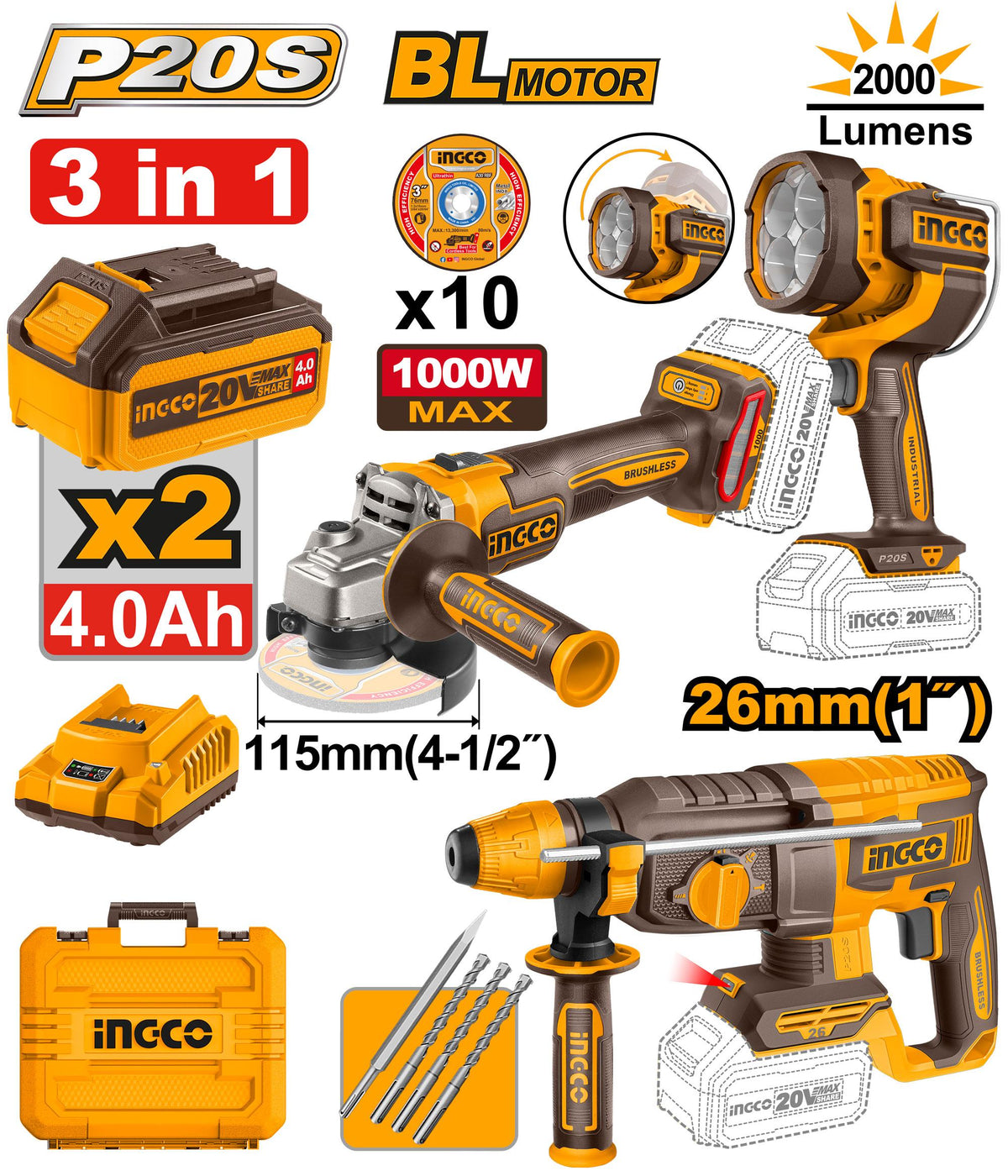 INGCO KIT COMBINÉ SANS FIL 3 PIÈCES [COSLI250183] – INGCO Maroc
