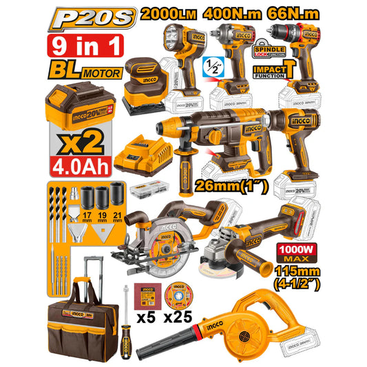 INGCO 9 PCS KIT COMBO INDUSTRIEL SANS FIL [COSLI250381]